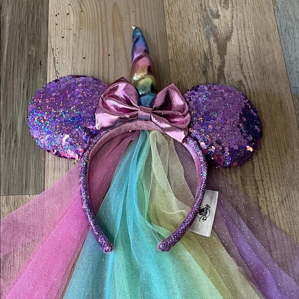 Disney Parks Minnie Mouse Ears Pink Purple Sequin Unicorn Rainbow Veil Headband